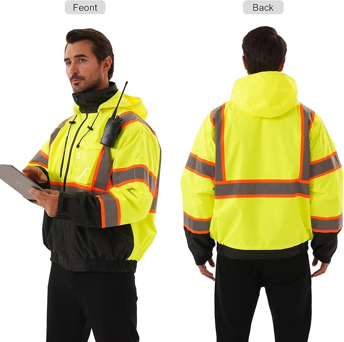 Hi Vis Safety jacket for men,Reflective high Visibility Hooded jacket,Work Bomber Jacket with Pockets and Zipper,Waterproof,ANSI Class 3 Black Bottom Yellow,Medium