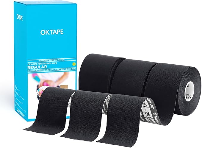 OK TAPE Regular Kinesiology Tape (3 Pack), Original Cotton Athletic Tape for Support Muscle Joint Knee, Sports Waterproof Tape Uncut Strips Latex Free, Hypoallergenic, 2in×16.4ft - Black