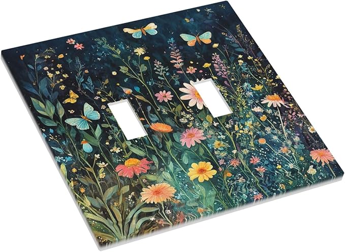 Decorative Switch Plates Boho Vintage Floral Flower Butterfly 2 Gang Double Toggle Outlet Light Switch Cover Wall Plate Electrical Faceplate for Bedroom Home Decor