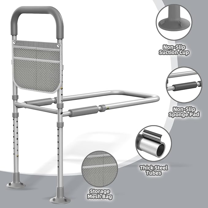 Bed Rails for Elderly Adults Safety: ASTM Approved Adjustable Bed Assist Rail for Seniors with Storage Bag & Non-Slip Handle - Bedside Grab Bar Hold up to 350 Lbs - Fits King Queen Full Twin Medium