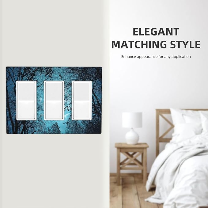 Light Switch Cover Teal Full Moon Forest 3 Gang Wall Plate Triple Light Switch Plate Turquoise Rocker GFCI Outlet Covers Decorative Receptacle Cover for Bathroom Bedroom Decor