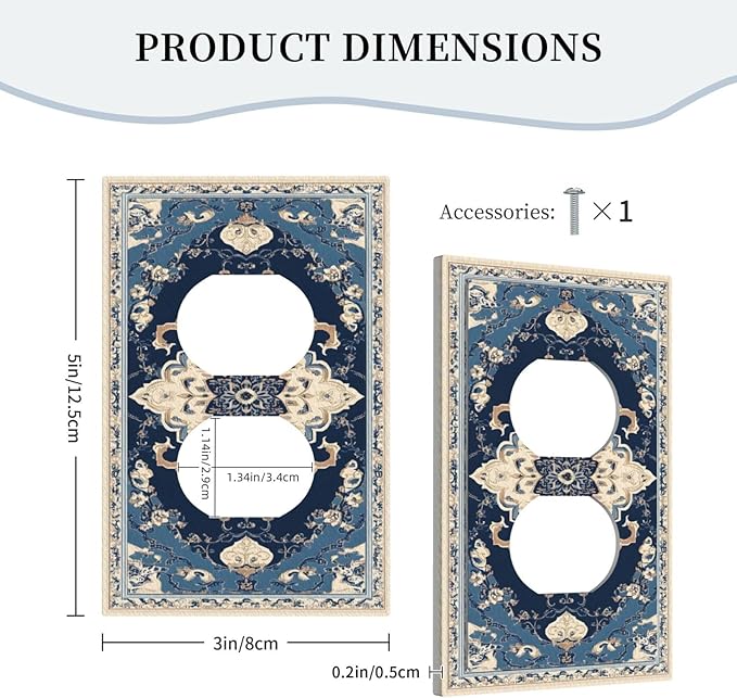 Outlet Covers Boho Beige Navy Blue Medallion Decorative 1 Gang Duplex Light Switch Cover Plate Receptacle Wall Plate Electrical Switch Plate Covers for Country Bathroom Bedroom Decor