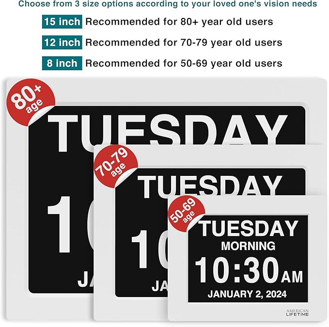 American Lifetime New 2025 Dementia Clock Large Digital Clock for Seniors, Digital Calendar Large Display, Custom Alarms, Clock with Day & Date for Elderly 18.5 Inches White
