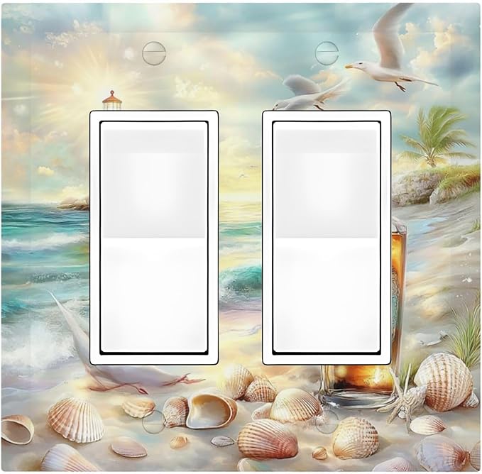 Decorative Outlet Covers Beach Ocean Lighthouse Seashells 2 Gang Double Gfci Rocker Electrical Wall Panels Light Switch Cover Plate For Bed Room Living Room Decor