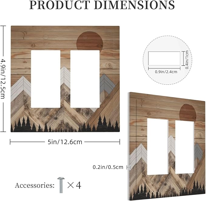 Wooden Planks Mosaic Snow Mountain Sun Decorative Outlet Covers 2 Gang Double GFCI Rocker Electrical Wall Panels Light Switch Cover Plate for Farmhouse Home Decor