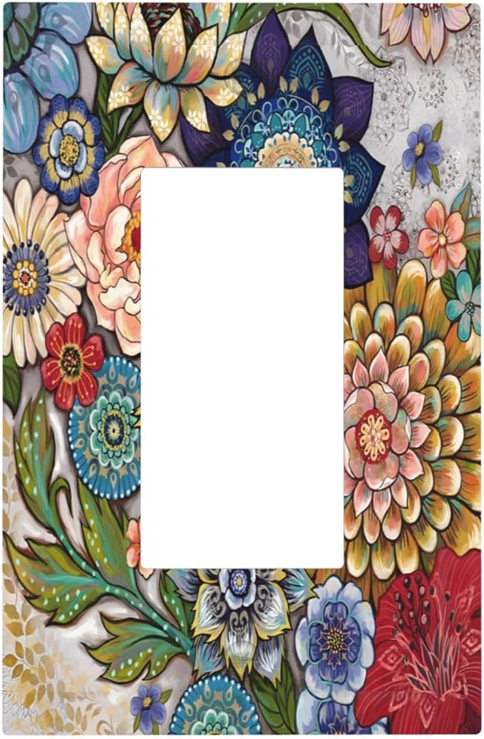 Boho Floral Colorful Floral Multi Color Flower Decorative Outlet Covers 1 Gang Single Rocker Light Switch Cover Plate Wall Plates GFCI Faceplate for Bedroom Living Room Home Decor