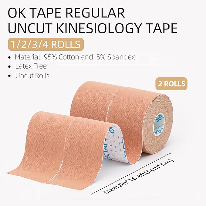 OK TAPE Regular Original Cotton Kinesiology Tape (2 Pack), Elastic Water Resistant Therapeutic Athletic Tape, Latex Free, Injury Recovery, Uncut K Tape 2in×16.4ft - Beige