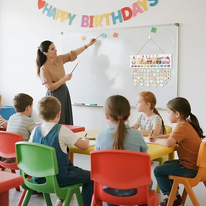 CHDITB 3D Classroom Birthday Chart Wall Hanging(16"x5"), Wooden Family Calendar Reminder for Classroom Students Kids, Cute Cupcake Theme Birthday Board Tracker with 100 Round Heart Tags