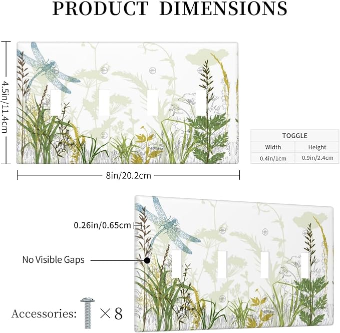 Wild Flower Dragonfly 4 Gang Toggle Light Switch Cover Plates Decorative Electric Outlet Covers Decorator Wall Switch Plate Receptacle Plug Covers 8 * 4.5 Inches