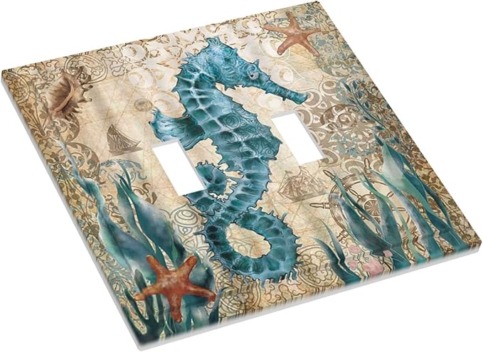 Vintage Blue Seahorse Seaweed Starfish Ocean Nautical Theme Double Toggle Light Switch Cover Decorative 2-Gang Wall Plate Cover Dual Device Electrical Switchplate Faceplate for Farm Bathroom