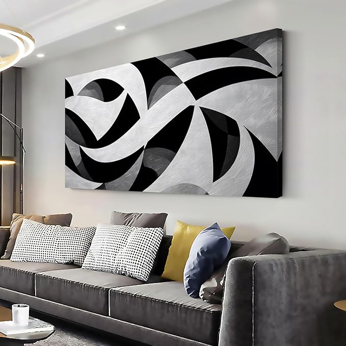 White and Black Abstract Cube Wall Art for Living Room Office Modern Pattern Grey Painting Prints Cool Canvas Artwork Over The Couch Bedroom Decor Extra Large