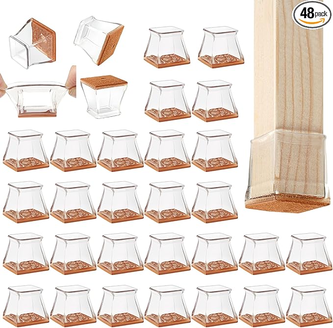 CHUNZEXI 48 Pack Square Chair Leg Floor Protectors for Hardwood Floors, Silicone Felt Covers Pads Caps, Protect Wood Furniture Feet Floors Noise Reduce and Scratch (Square Large & Clear)