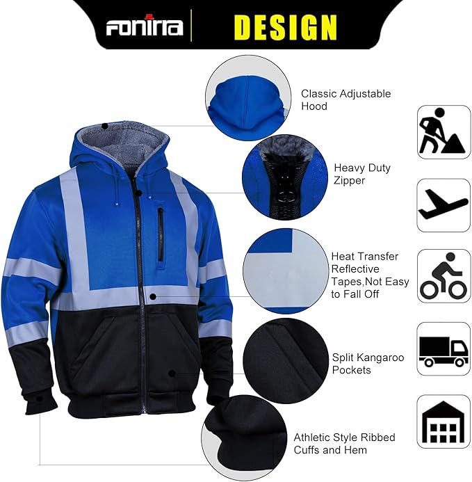FONIRRA Men's High Visibility Safety ANSI Class 3 Lined Fleece Hoodie Sweatshirt with Black Bottom Jumper Workwear for Men(Blue,L)