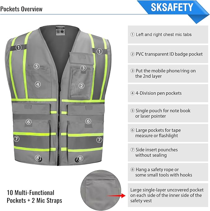 SKSAFETY 10 Pockets Safety Vest, Class 2 High Visibility Security with Zipper, Hi Vis Vest with Reflective Strips, ANSI/ISEA Standard, Construction Work Vest for Men ＆ Women （Grey,5XL）