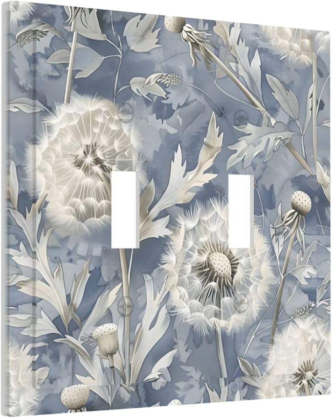 Blue Dandelion Vintage Floral Boho Flower Decorative Switch Plates 2 Gang Double Toggle Outlet Light Switch Cover Wall Plate Electrical Faceplate for Bedroom Living Room Home Decor