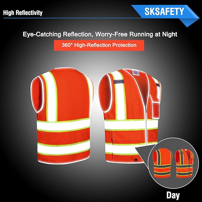 SKSAFETY 10 Pockets Safety Vest, Class 2 High Visibility Security with Zipper, Hi Vis Vest with Reflective Strips, ANSI/ISEA Standard, Construction Work Vest for Men ＆ Women （Orange, 3XL）