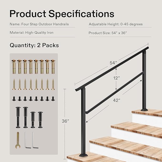 VIVOSUN 2-Pack Outdoor Handrail, 4 Step Stair Handrail, 54" x 36" Fits 1 to 4 Steps, Wrought Mattle Iron Handrail for Concrete Steps, Porch Steps, One-Step Assembly, 2 Packs, Black