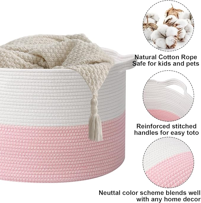 Large Storage Basket with Handle,19.7" L x 19.7" W x 13" H Blanket Basket Storage Bins for Organizing,65L Cotton Rope Woven Baskets for Living Room, Nursery ,Bedroom,White&Pink
