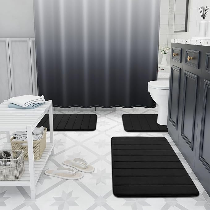 Buganda Memory Foam U-Shaped Contour Toilet Rugs, Non Slip Absorbent, Thick Soft Washable Bathroom Mat, Floor Carpet Bath Rugs Mat for Toilet Base (24" x 20", Black)