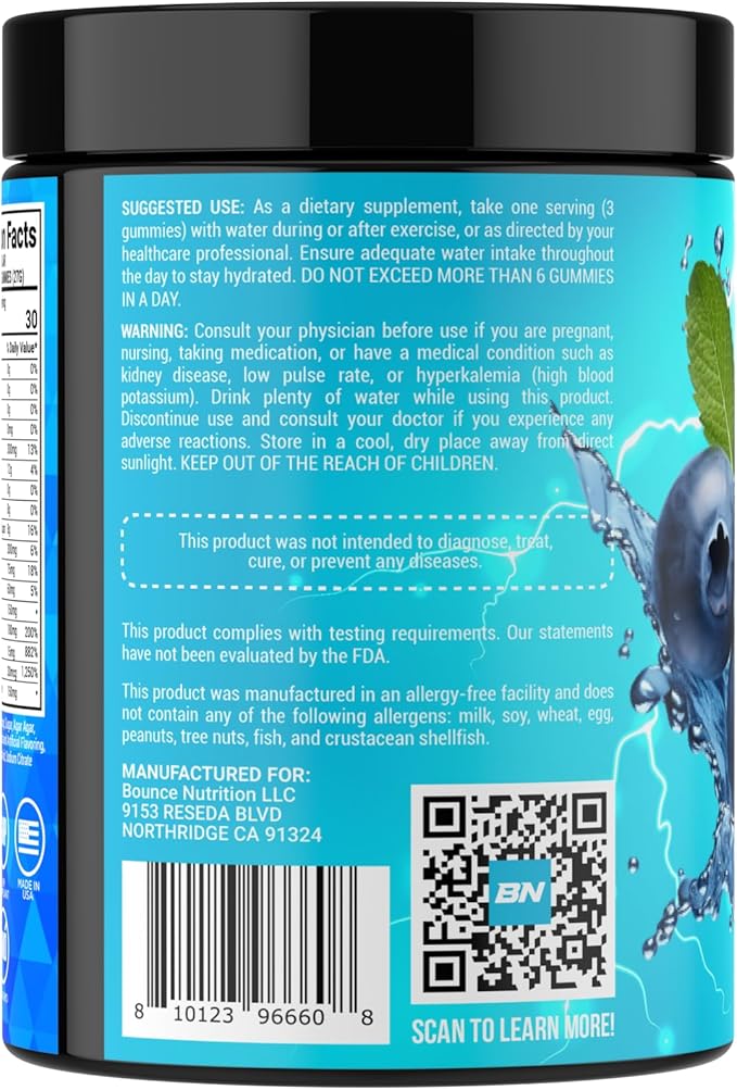 Bounce Pro Hydration Electrolyte Gummies – 51 Vegan Chewable Gummies with Sodium, Potassium & Magnesium for Running, Workouts & Endurance – No Sugar, Caffeine Free Electrolyte Chews, Blueberry Splash