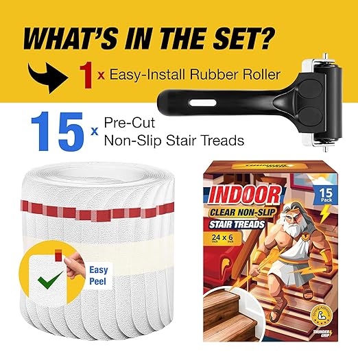 Clear Stair Treads Non-Slip 24"x6" - 15-Pack Indoor Stair Grips Non Slip for Wooden Steps - Anti Slip Adhesive Strips for Dogs & Elderly - Staircase Step Treads - Transparent Treads for Wood Stairs