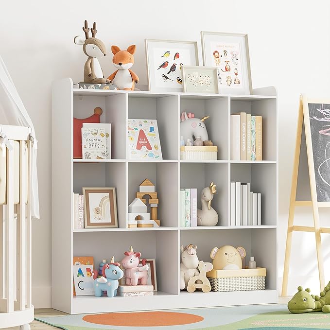 Cozy Castle Bookshelf, 3-Tier Open Bookshelf, 10 Cube Horizontal Bookcase, Storage Organizer with Anti-Tilt Device, Wood Bookcase for Home Office, Bedroom, Living Room, White