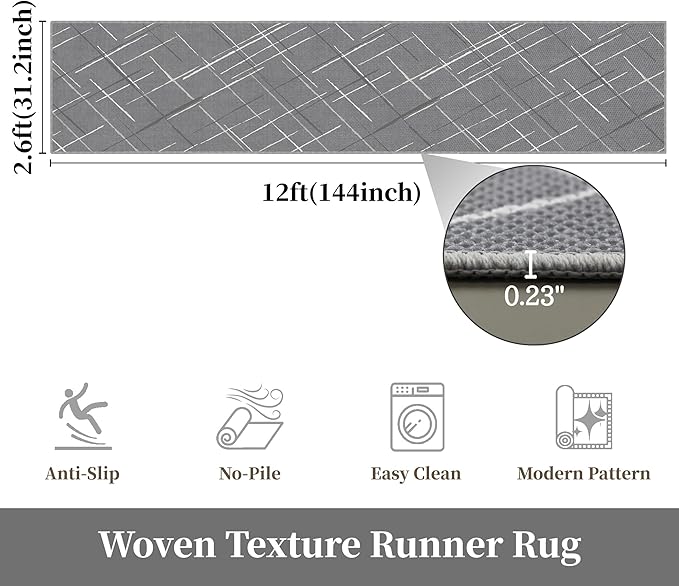 Kitchen Rugs Ultra Non-Slip 2.6x12 Washable Runner Rug Modern Tear and Stain Resistance No Pile Lightweight Runners for Entryway, Hallway, Walkway, Bedside, Entrance, Gray