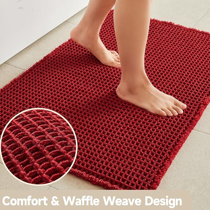 Waffle Bath Mat, Boho Bathroom Rugs Non Slip Washable Super Absorbent Quick Dry Bath Mat Farmhouse Bathroom Decor, 48"x24" Burgundy
