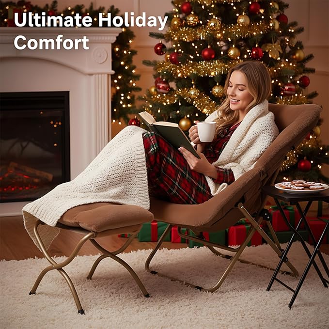 Tiita FoldedChair with Ottoman, Soft Faux Fur Oversized Folding Accent Chair,Lounge Lazy Chair, Metal Frame Moon Chair for Bedroom, Living Room, Dorm Rooms, Garden and Courtyard