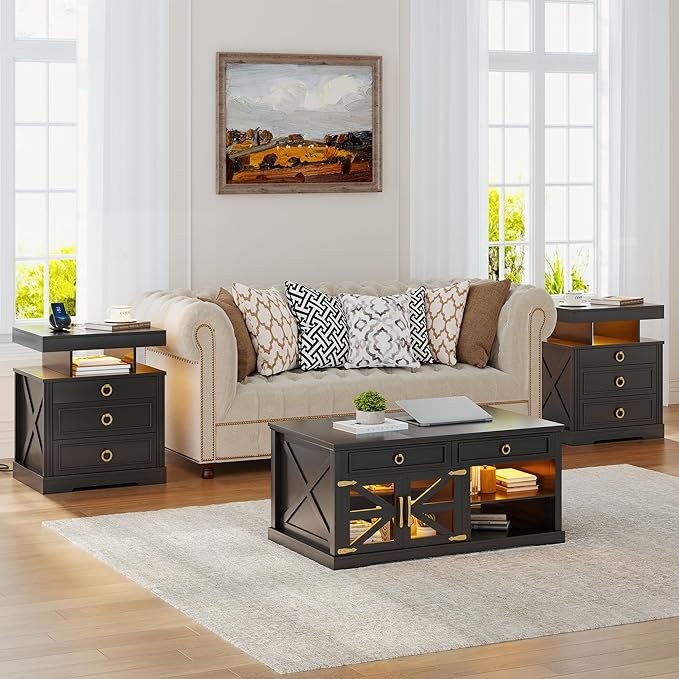 Gurexl Farmhouse Set of 2 Night Stand with Lockable Gun Drawer,LED Nightstand with Charging Station,Bedside Table with Human Sensor 3-Color Lights,End Table with 3 Drawers,Bedroom,Black