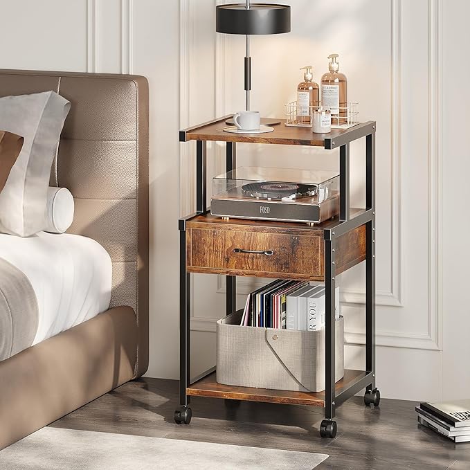 Printer Stand, 3-Tier Mobile Printer Cart, 31.5 x 14.96 x 17.72 Inches Square Printer Table with Storage Rack, Rolling Printer Table with Industrial Wheels for Home Office, Brown