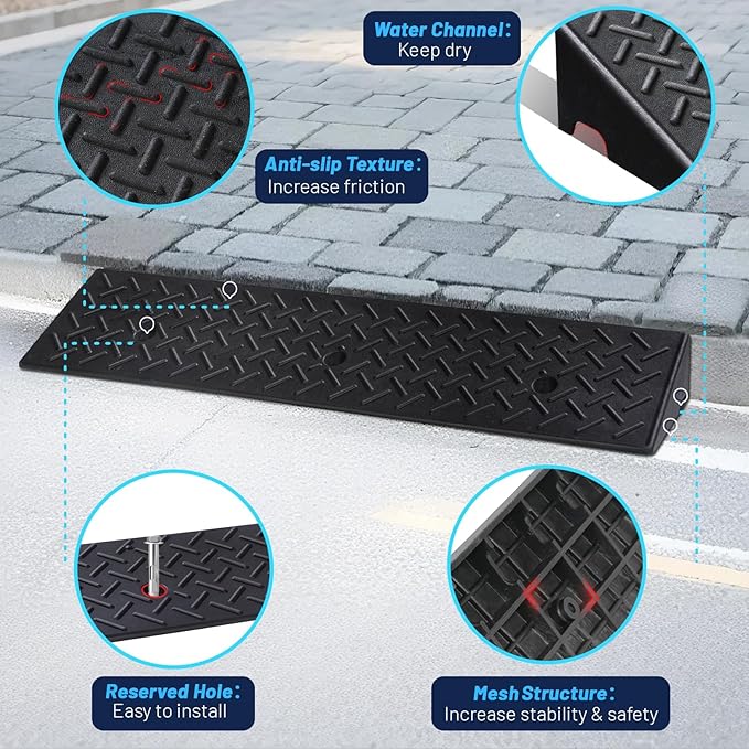 Rubber Curb Ramp, 3.2" Rise Height 2 Pack, Heavy-Duty 1.5 T Capacity Threshold Ramps, 39.4" L x 9.8" W Driveway Ramps for Cars, Wheelchairs, Bikes, Motorcycles