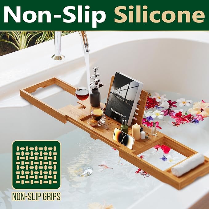 SereneLife Premium Bathtub Tray Caddy with Gift Box and Bow Set, Expandable Bath Tray, Unique House Warming Gifts for Mom, Women, Wedding, Anniversary, Bridal Shower, Fit for All Tub - Classic