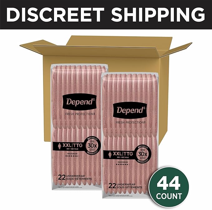 Depend Fresh Protection Adult Diapers, Incontinence & Postpartum Bladder Leak Underwear for Women, Disposable, Maximum, Extra-Extra-Large, Blush, 44 Count (2 Packs of 22), Packaging May Vary