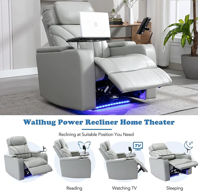 Zero Wall Power Recliner with Bluetooth Speaker & USB Ports - Home Theater Electric Recliner Chair with Cup Holder, Arm Storage, LED Lights, Phone Holder & Removable Tray Table