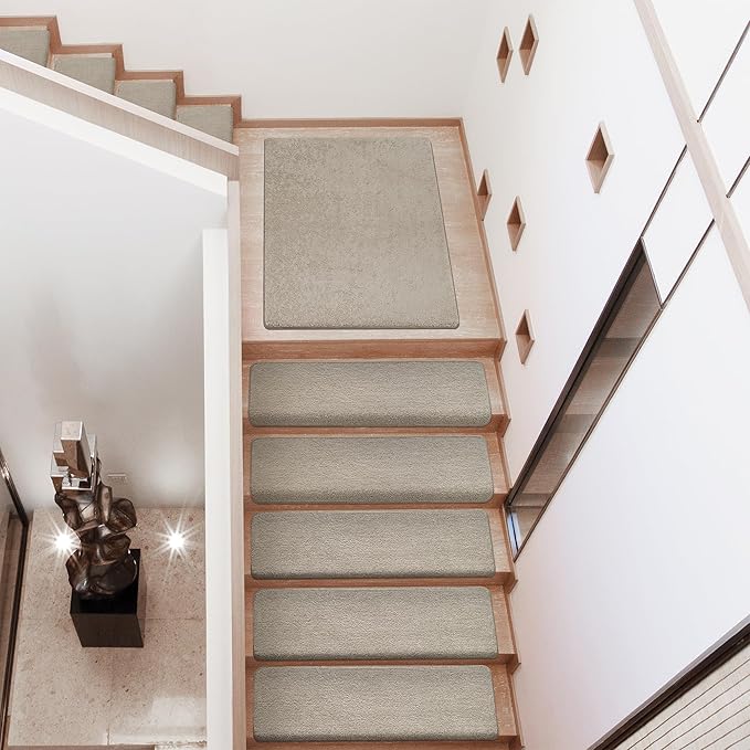 PURE ERA Carpet Stair Treads Ultra Plush 9.5" X 30"Soft Bullnose Indoor Stair Protectors Pet-Friendly Non-Slip Skid Resistant Tape Free Washable Reusable(7 Pieces, Cream Gray)