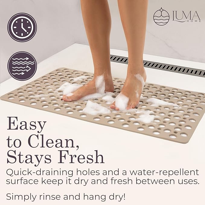 Non Slip Bathtub Mat and Shower Mat Beige TPE Strong Suction Cups Aesthetic Bath Mat for Inside Shower with Soft Texture, Quick-Dry Drain Holes, Spa-Inspired Design 30x17” (75x43 cm) (2)
