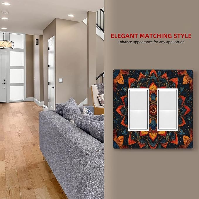 Colorful Oriental Floral Blooming Mandala Flower Outlet Covers Double Rocker Light Switch Covers Decorative 2 Gang Gfci Wall Plate Electrical Receptacle Switchplate Plug Faceplate Bathroom
