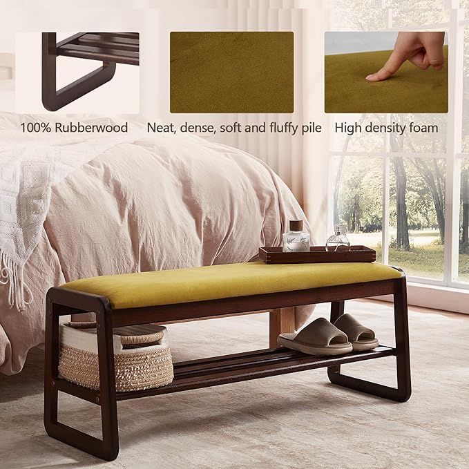 Shoe Rack Bench,2 Tier Wooden Entryway Bench with Shoe Storage, Shoe Rack with Cushion for Living Room, Hallway(Olive Green, 39.4")