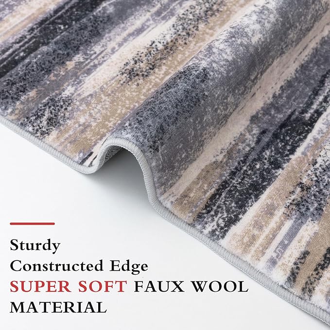 Modern Abstract 9x12 Large Machine Washable Living Room Rug Non-Slip Soft Bedroom Area Rug Grey Black Multi Ultra Thin Print Faux Wool Carpet Throw Rugs for Nursery Playroom Dining Room Indoor