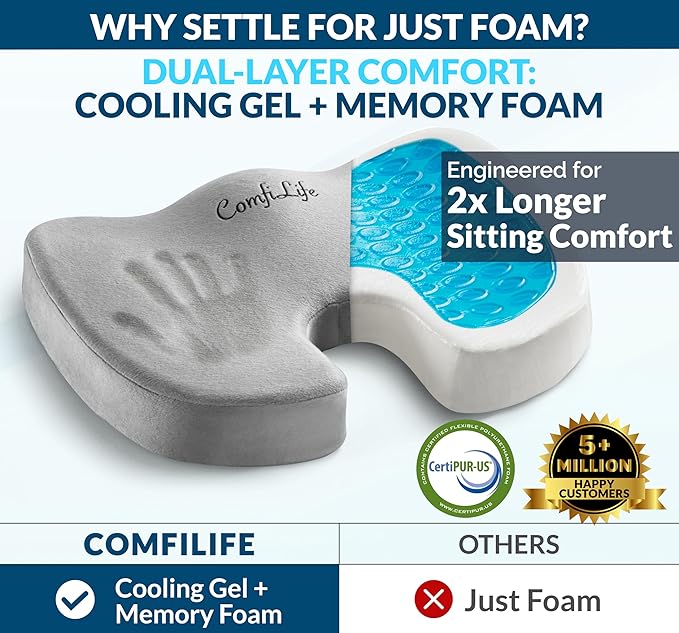 ComfiLife Gel Enhanced Seat Cushion – Office Chair Cushion – Non-Slip Gel & Memory Foam Coccyx Cushion for Tailbone Pain - Desk Chair Car Seat Cushions Driving - Sciatica & Back Pain Relief (Gray)