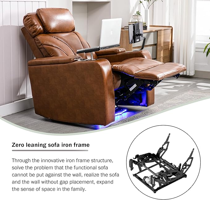 Zero Wall Power Recliner with Bluetooth Speaker & USB Ports - Home Theater Electric Recliner Chair with Cup Holder, Arm Storage, LED Lights, Phone Holder & Removable Tray Table