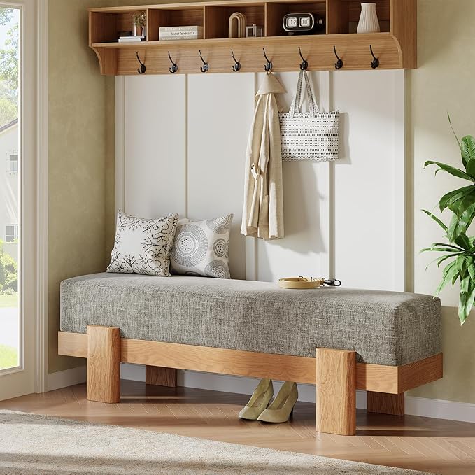 Tribesigns 55-Inch Upholstered Entryway Bench, Modern Shoe Bench with Fabric Padded Seat and MDF Frame, End of Bed Stool for Bedroom, Entrance, Living Room (Gray & Oak)