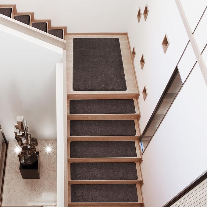 PURE ERA Carpet Stair Treads Ultra Plush 8" X 30" Soft Indoor Stair Protectors Pet-Friendly Non-Slip Skid Resistant Tape Free Washable Reusable(14 Pieces,Dark Brown)