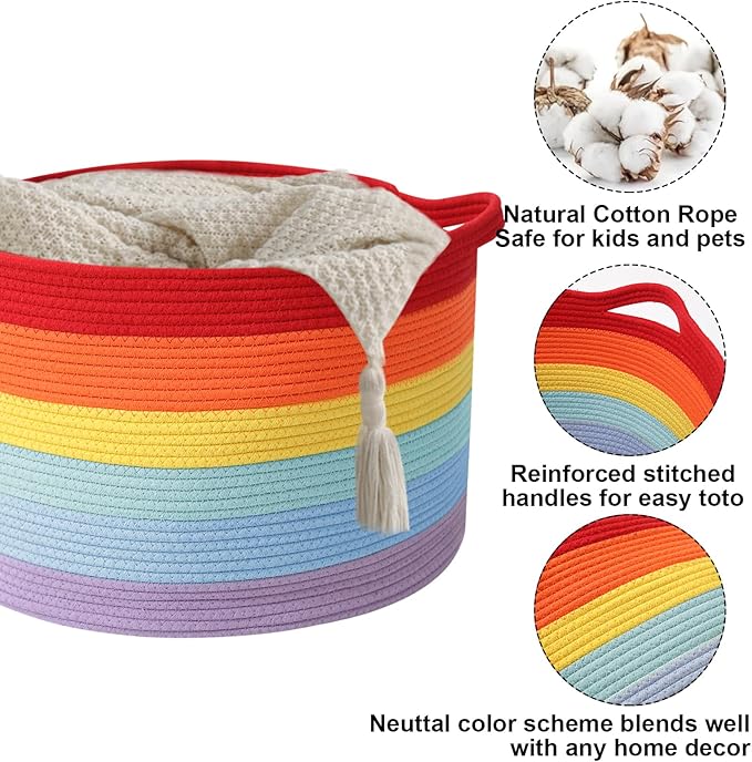 Large Storage Basket with Handle,23.6" x 23.6" x 15.7" Blanket Basket Storage Bins for Organizing,65L Cotton Rope Woven Baskets for Living Room, Nursery ,Bedroom,Rainbow