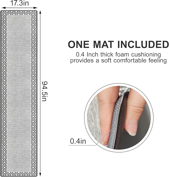 Grey Cushioned Kitchen Mat Anti Fatigue Kitchen Rugs, Heavy Duty Non-Skid, Ergonomic Comfort Foam Kitchen Floor Mat for Home, Office, Sink, Laundry - Gray 17.3"x94.5"