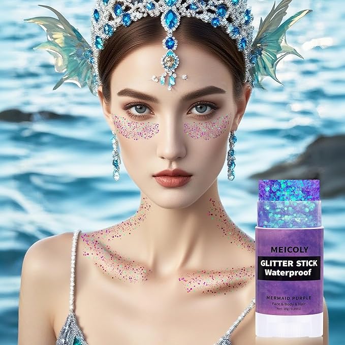 MEICOLY Purple Hair Glitter Stick,Halloween Mermaid Face Glitter Stick,for Women Costume,Sparkle Chunky Glitter Makeup,Waterproof Body Glitter for Party Rave Festival