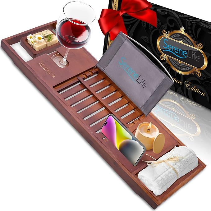 SereneLife Premium Bathtub Tray Caddy with Gift Box and Bow Set, Expandable Bath Tray, Unique House Warming Gifts for Mom, Women, Wedding, Anniversary, Bridal Shower, Fit for All Tub - Stain Brown