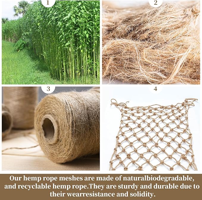 Jute Hemp Rope Net(6ftx18ft), Heavy Duty Natural Climbing Safety Rope Netting Balcony Stairs Fence Garden Playground Protection Net Indoor & Outdoor Decor Rope Net