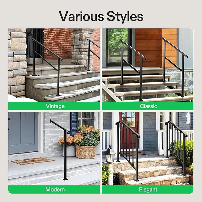 VIVOSUN Outdoor Handrail, 2 Step Stair Handrail, 21.6" x 39" Fits 1 to 2 Steps, Wrought Mattle Iron Stair Railing with Dual Curved Ends for Concrete Steps, Porch Steps, One-Step Assembly, Black